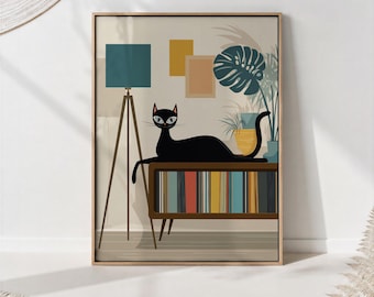 Mid-Century Modern Black Cat Art Print: Retro Scandinavian Decor