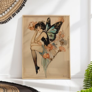 Fairy Butterfly Fashion Art Print - Art Deco Fairy Wall Decor - Whimsical Floral Illustration