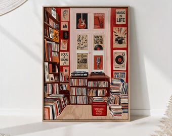 Retro Record Shop Art Print - 80s Music Room Decor Nostalgic Vinyl