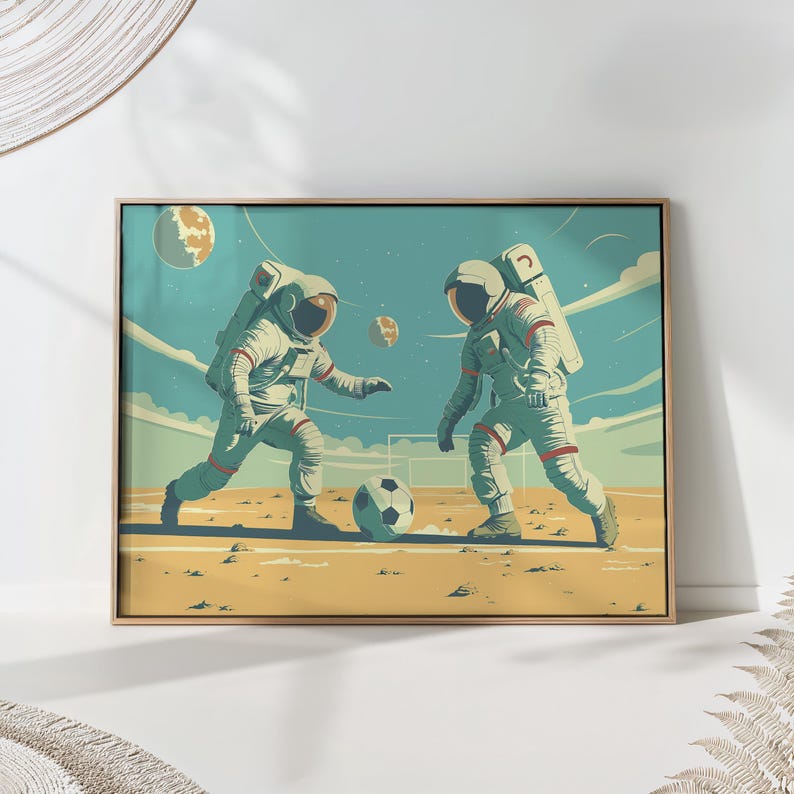 Astronaut Soccer Print: Mid-Century Modern Space Art immagine 1