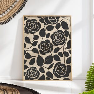 Mid Century Roses Print - Bold Black and White Floral Pattern, Retro Minimalist Wall Art