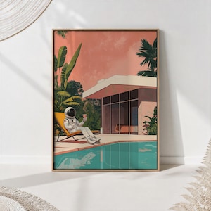 Astronaut Poolside Art Print: Retro Sci-Fi, Mid-Century Modern