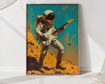 Astronaut Guitar Art Print - Retro Space Music Poster - Cosmic Wall Decor