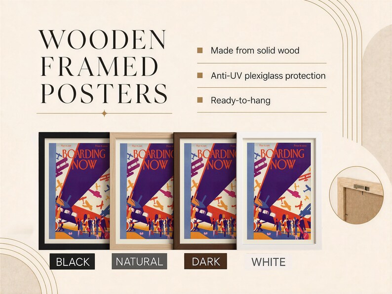 Boarding Now Airplane in a wooden frame, detail view