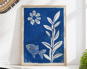 Matisse Fish and Floral Art Print - Blue Coastal Wall Decor - Modern Marine Poster PRINTED on Luxury Paper