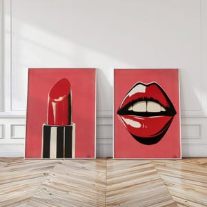 Red Lipstick Pop Art Prints: Glam Fashion Wall Art (Set of 2)