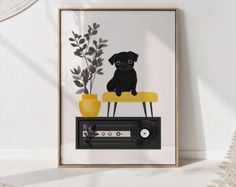 Pug Art Print - Mid-Century Record Player Poster - Retro Music Wall Decor