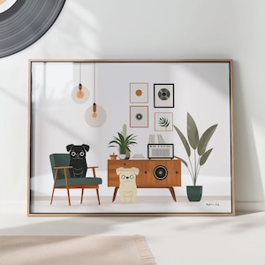 Mid-Century Modern Dogs Music Room Art Print - Retro Pet Lovers Decor PRINTED on Luxury Paper