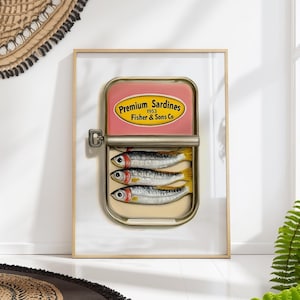 Retro Sardines Tin Print, Quirky Kitchen Wall Art, Vintage Fish Illustration