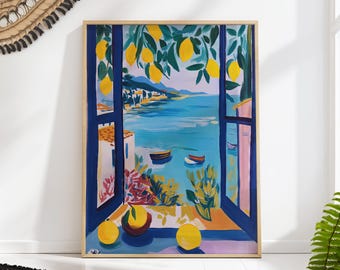 Lemon Matisse Window Art Print, Matisse Inspired Mediterranean Fauvist Wall Decor, Colorful Summer Kitchen Poster
