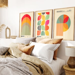 Set di 3 stampe Bauhaus, arte murale geometrica moderna di metà secolo