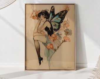 Art Deco Fairy Print: Butterfly Fashion, Whimsical Floral Wall Decor