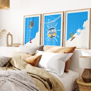 Set van 3 skiliftafdrukken, moderne pop-art skiposters, wintersportmuurdecoratie