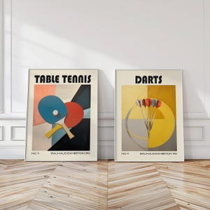 Retro Game Room Prints Set of 2 - Bauhaus Style Table Tennis and Darts Posters - Vintage Sports Wall Art PRINTED on Luxury Paper