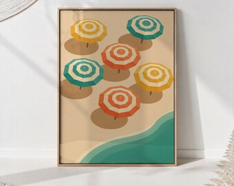 Tropical Beach Umbrella Wall Art Print, Mid Century Modern Coastal Poster, Retro Summer Decor