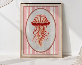 Jellyfish Wall Art – Coastal Pink Stripe Nautical Print, Bathroom Decor