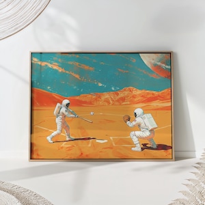 Astronaut Baseball Wall Art Retro Space Mid-Century Print