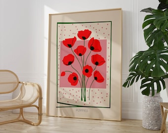 Mid Century Poppy Print: Botanical Flower Wall Art on Fine Art Paper