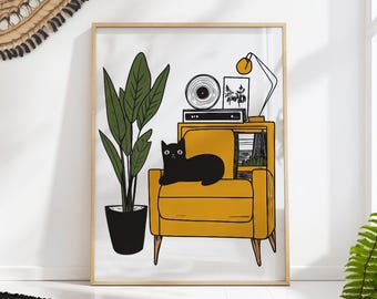 Black Cat Music Wall Art Mid Century Print Cat Lover Decor