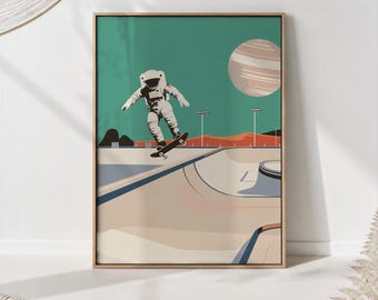 Astronaut Skateboard Art Print: Retro Space Wall Decor