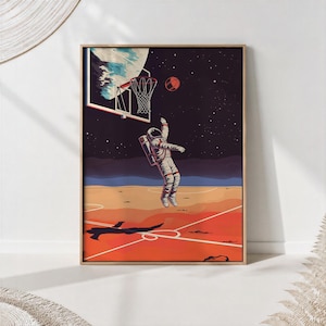 Astronaut Basketball Art Print: Retro Sci-Fi Sports Poster