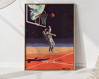Astronaut Basketball Art Print: Retro Sci-Fi Sports Poster