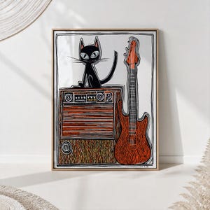 Cat Guitar Print – Mid Century Music Wall Art