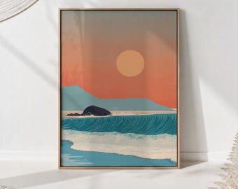 Coastal Sunset Wave Poster – Mid-Century Beach Print, Retro Ocean Wall Art