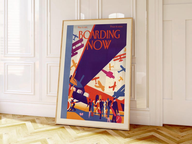 Boarding Now Airplane Poster, Retro Travel Wall Art Print, 1920s Aviation Decor image 2