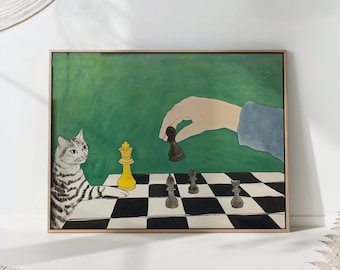 Chess Cat Illustration Poster | Playful Feline Game Room Wall Art | Whimsical Green Board Print
