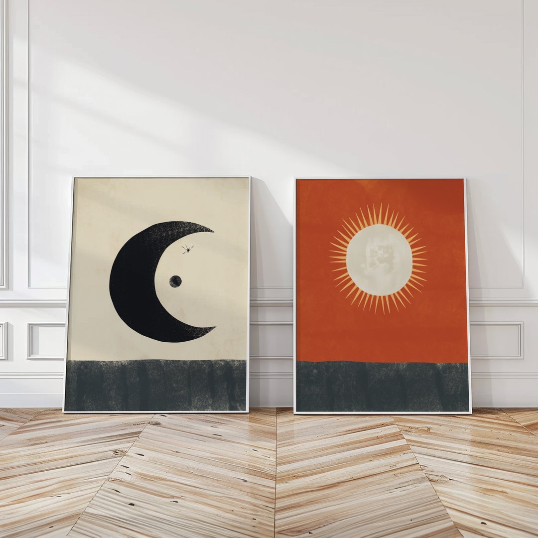 Sun and Moon Wall Art Set of 2 - Minimalist Celestial Prints, Modern ...