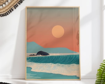 Coastal Sunset Wave Poster – Mid-Century Beach Print, Retro Ocean Wall Art