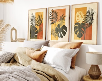 Boho Botanical Prints Set of 3, Minimalist Organic Terracotta Wall Art, Modern Mid Century Leaf Posters