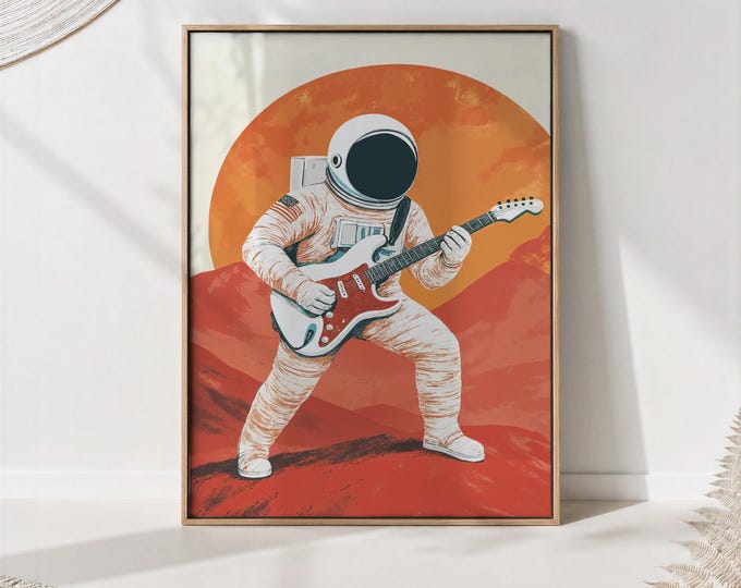 Astronaut With Guitar Print — Retro Space Rock Wall Art for Music Decor