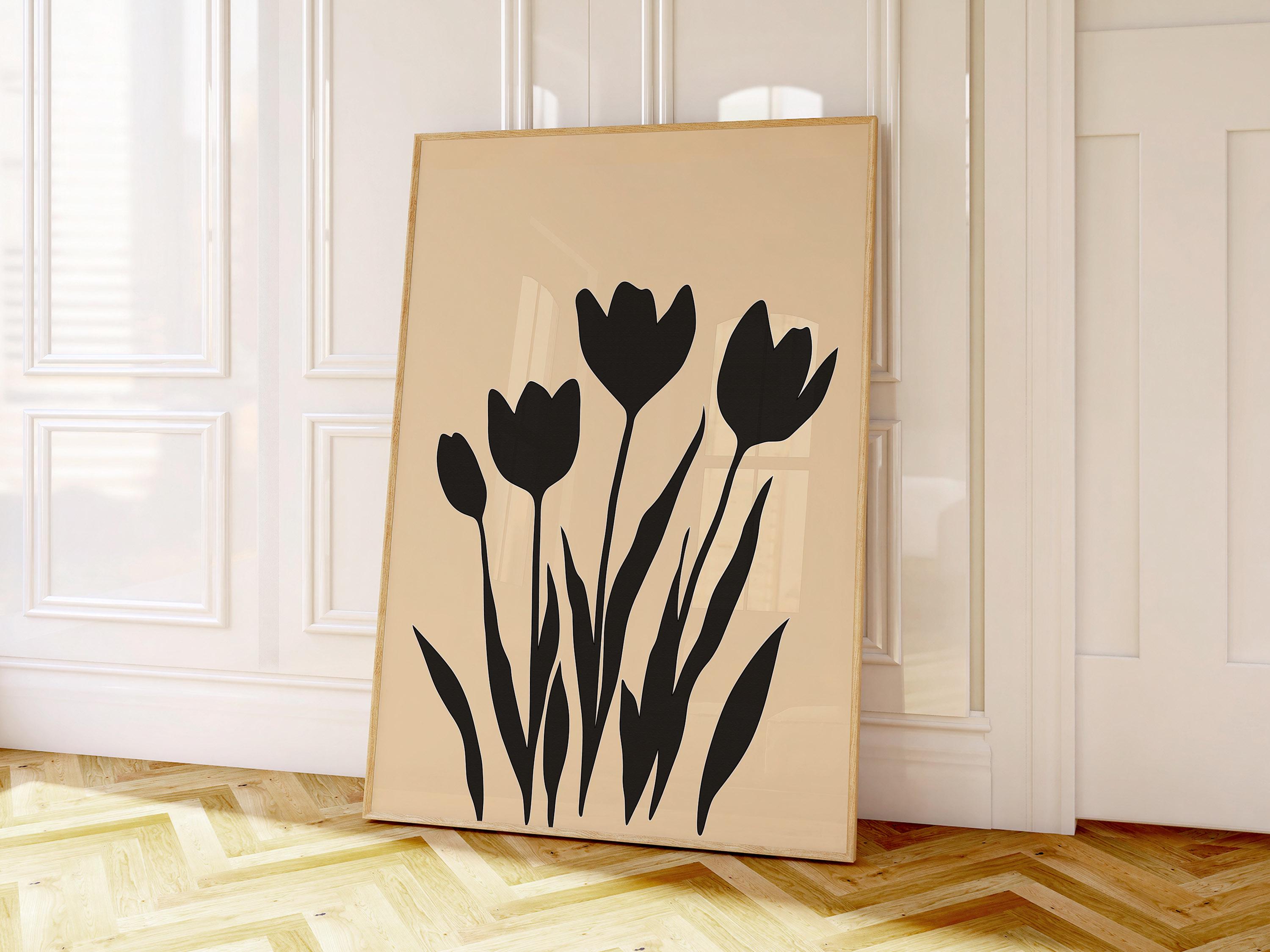 Mid Century Tulips Print Bold Black and White Floral Pattern Retro