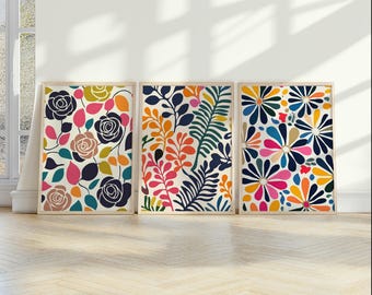 Set of 3 Abstract Floral Prints, Mid Century Modern Flower Art Set, Botanical Wall Decor
