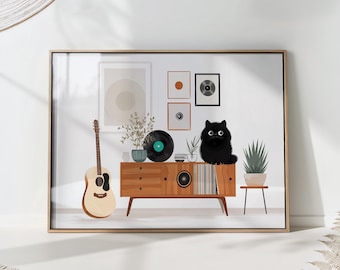 Mid Century Cat Art Print with Records and Guitar for Living Room Wall
