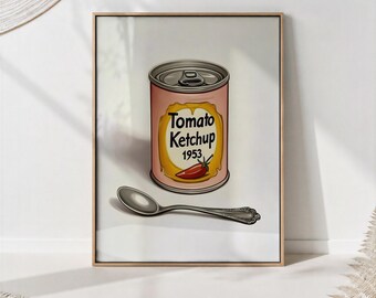 Tomatenketchup kunstprint - Retro keukenposter - Cadeau voor foodie-wanddecoratie