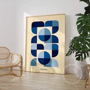 Minimalist Bauhaus Print Blue Geometric Poster Abstract Midcentury Modern Wall Art Decor
