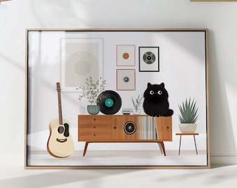 Mid Century Cat Art Print with Records and Guitar for Living Room Wall
