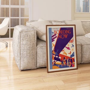 Boarding Now Airplane in a dark espresso frame in a living room
