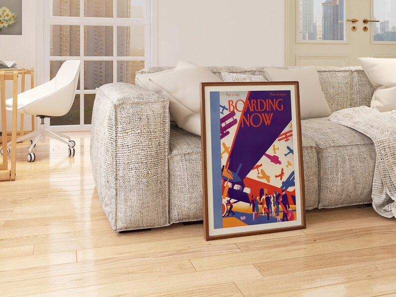 Boarding Now Airplane in a dark espresso frame in a living room