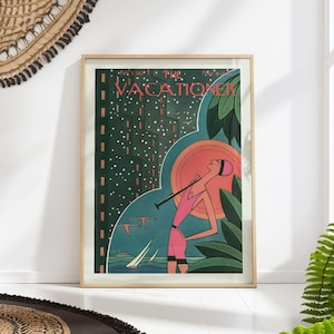 Art Deco Summer Travel Poster, The Vacationer Beach Magazine Cover Print, Vintage Holidays Wall Art