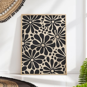 Mid Century Daisies Print Matisse Black and White Floral Pattern, Retro Minimalist Wall Art