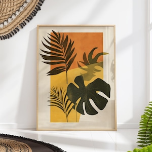 Boho Mid Century Botanical Wall Art, Terracotta Plant Print, Minimalist Organic Poster, Abstract Leaf Decor