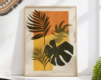 Boho Botanical Print: Terracotta Abstract Leaves, Mid-Century Modern