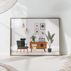 Mid-Century Modern Dogs Art Print: Retro Music Room Decor