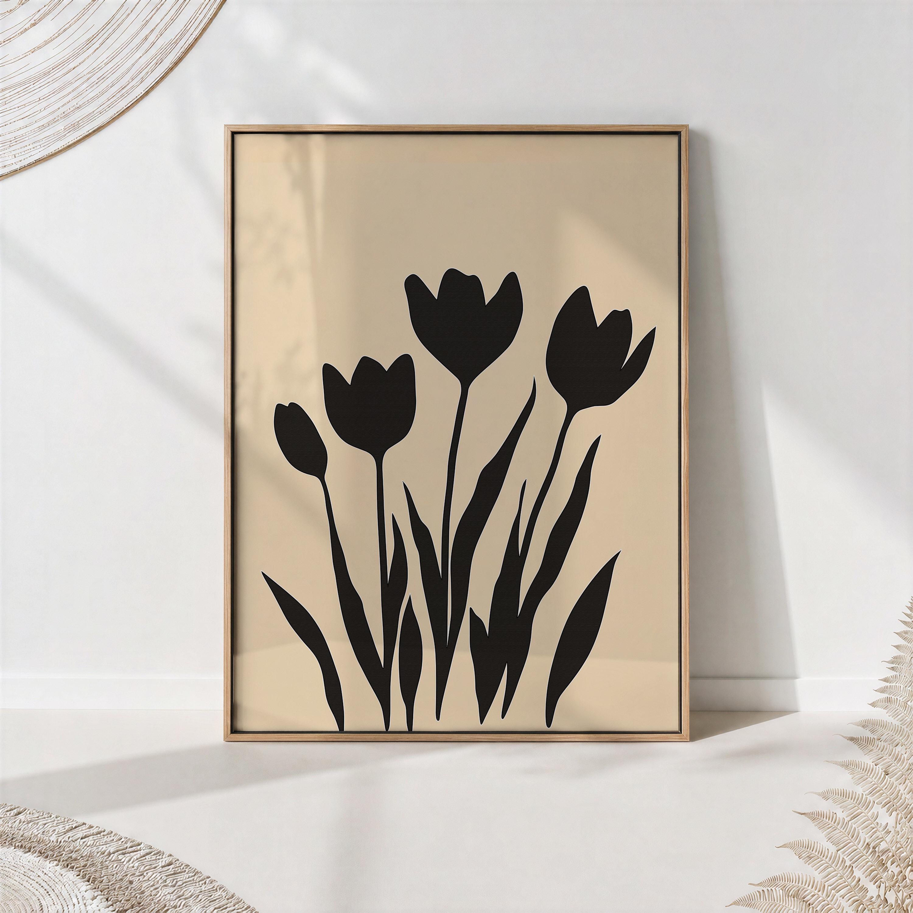 Mid Century Tulips Print Bold Black and White Floral Pattern Retro