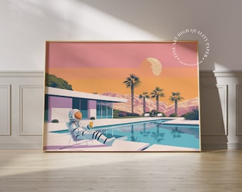 Retro Space Astronaut Pool Print, Mid-Century Modern Wall Art, Sci-Fi Palm Springs Decor PRINTED on Luxury Paper
