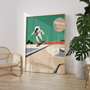 Astronaut Skateboard Art Print, Space Wall Decor, Retro Futuristic Poster, Gift for Skateboarders PRINTED on Fine Art Paper